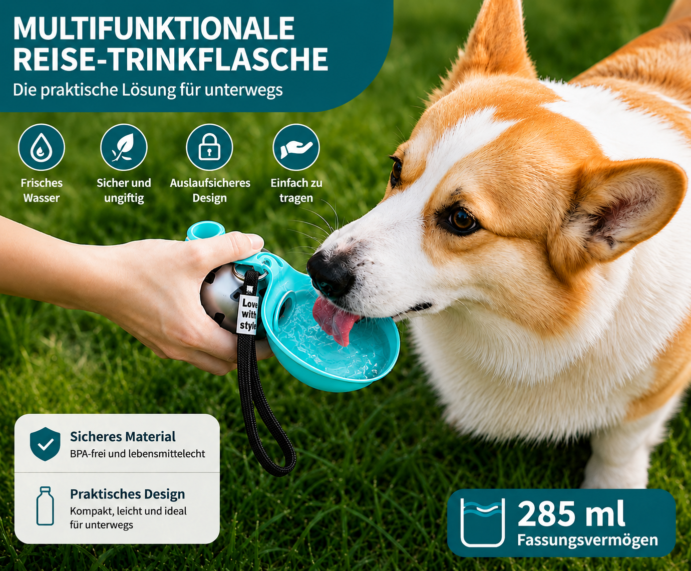 Pfotenwerk® Hunde-Trinkflasche Edelstahl 285 ml