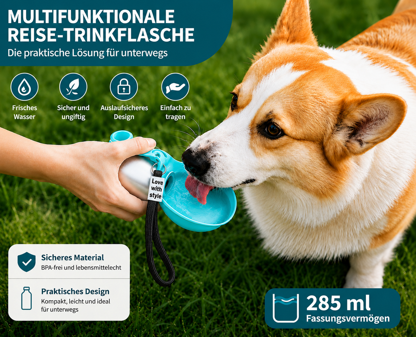 Pfotenwerk® Hunde-Trinkflasche Edelstahl 285 ml